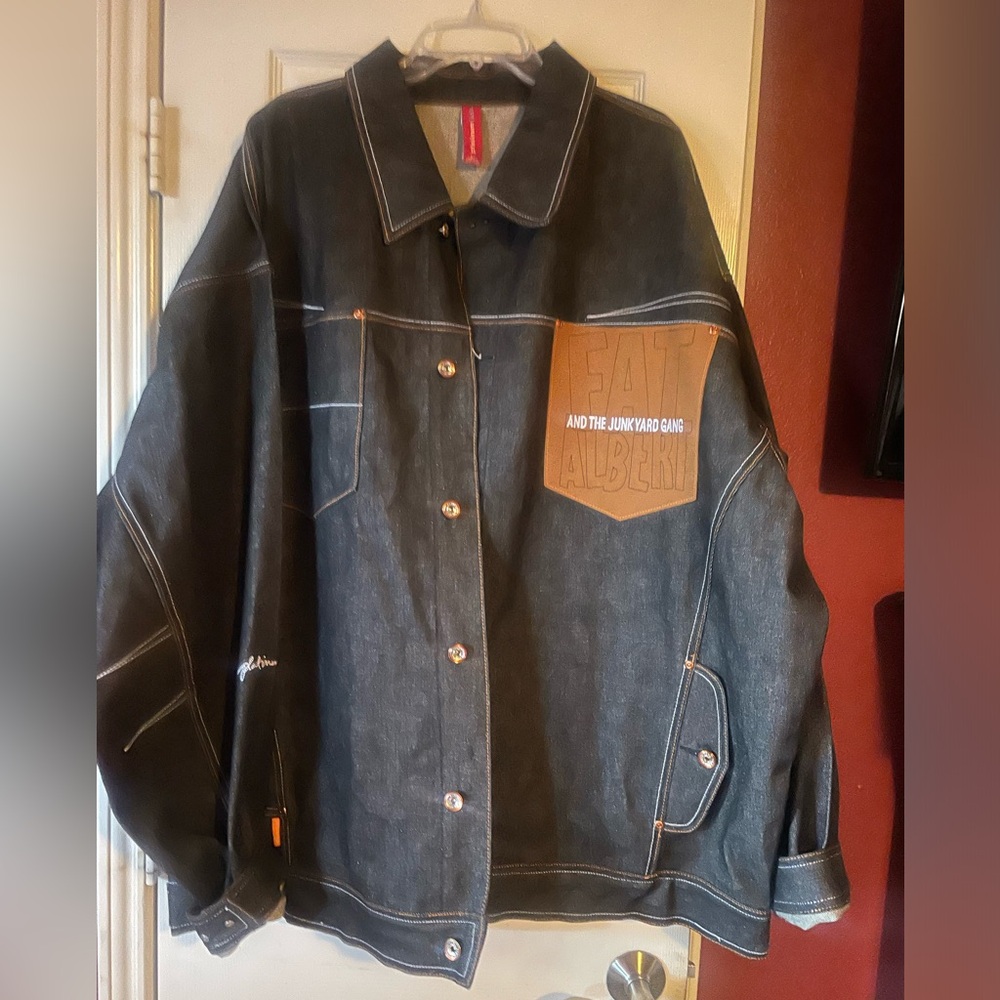 Men's Black Denim Bomber Jacket with Brown Patch